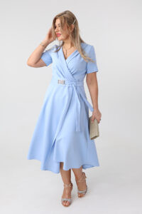 Rozkloszowana sukienka kopertowa plus size niebieska 42-54