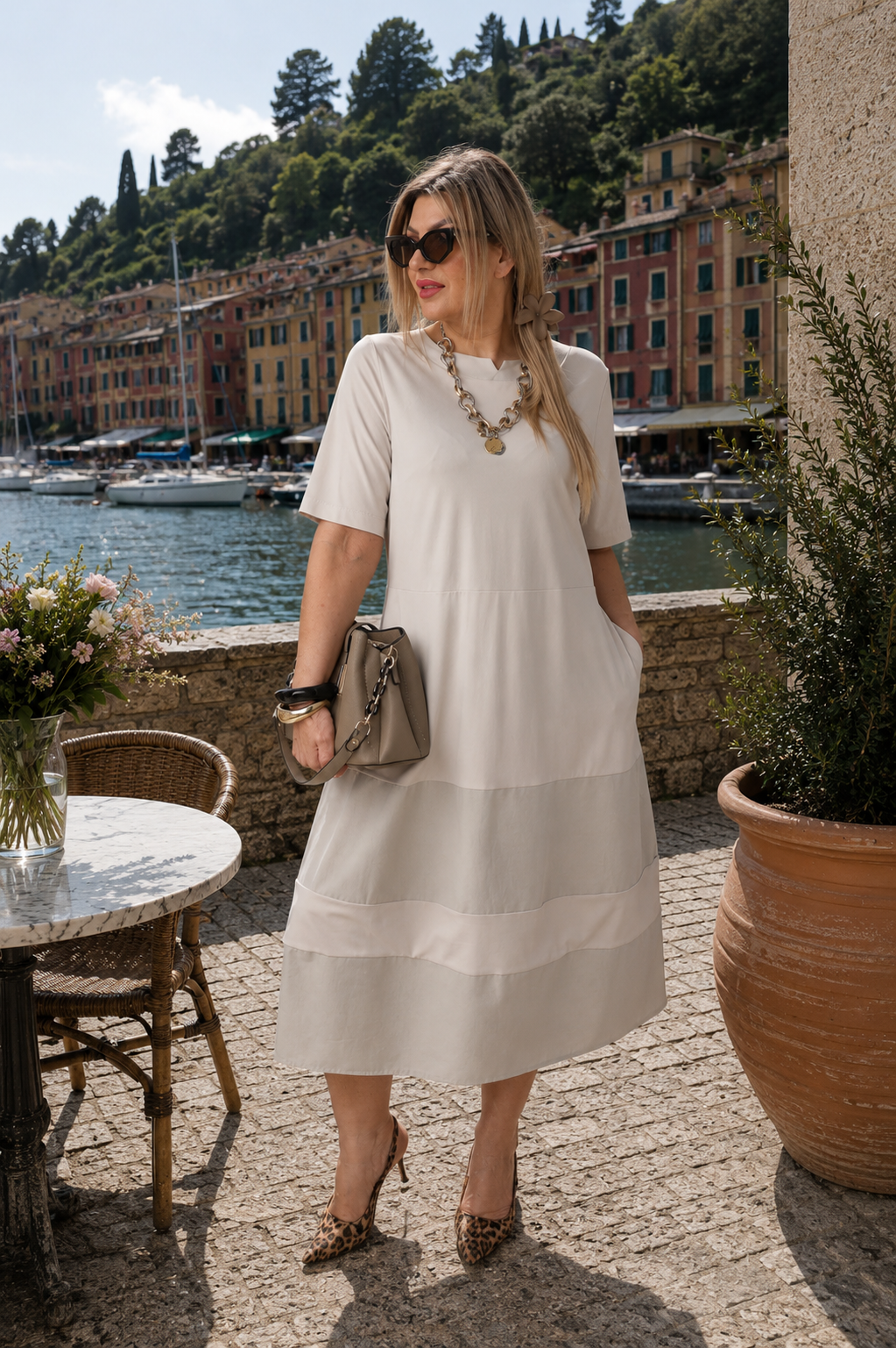 Zwiewna sukienka trapezowa PLUS SIZE kremowa 44-52