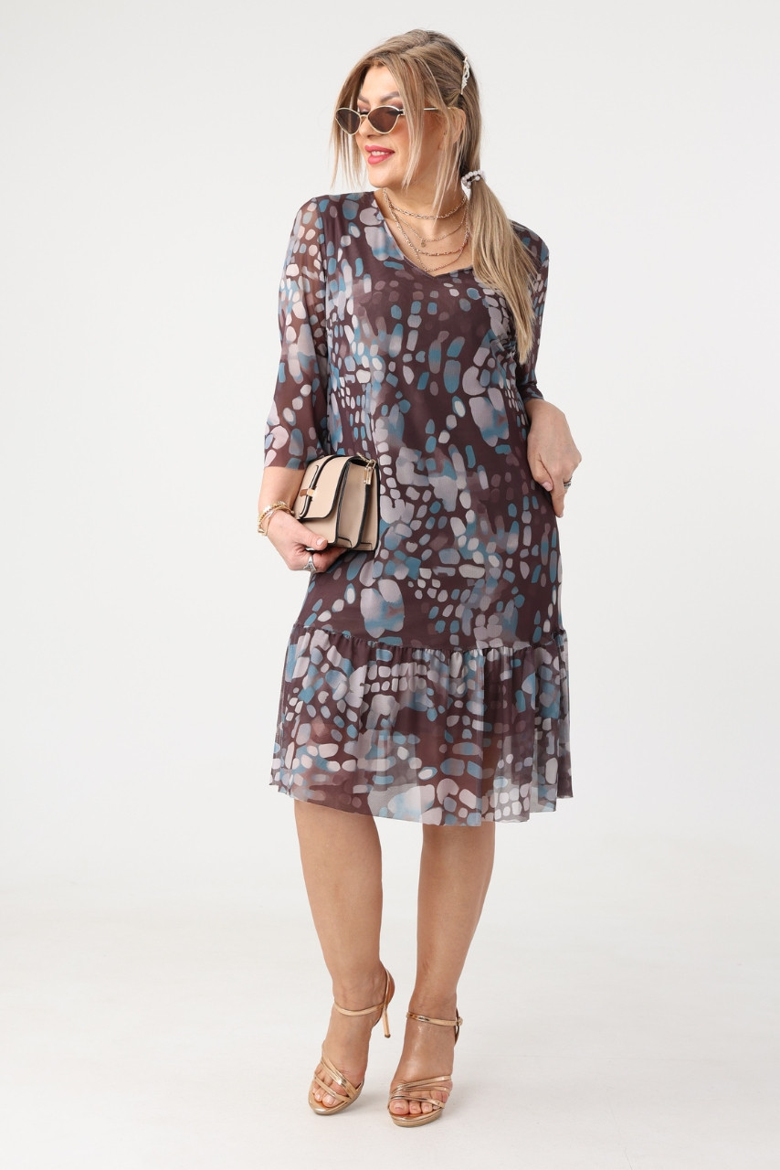 Brązowo-błękitna prosta sukienka z falbaną na dole