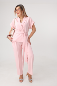 Komplet damski elegancki plus size pudrowy róż 42-52