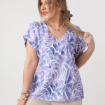 Fioletowo-biała bluzka damska plus size z krótkim rękawem 44-54
