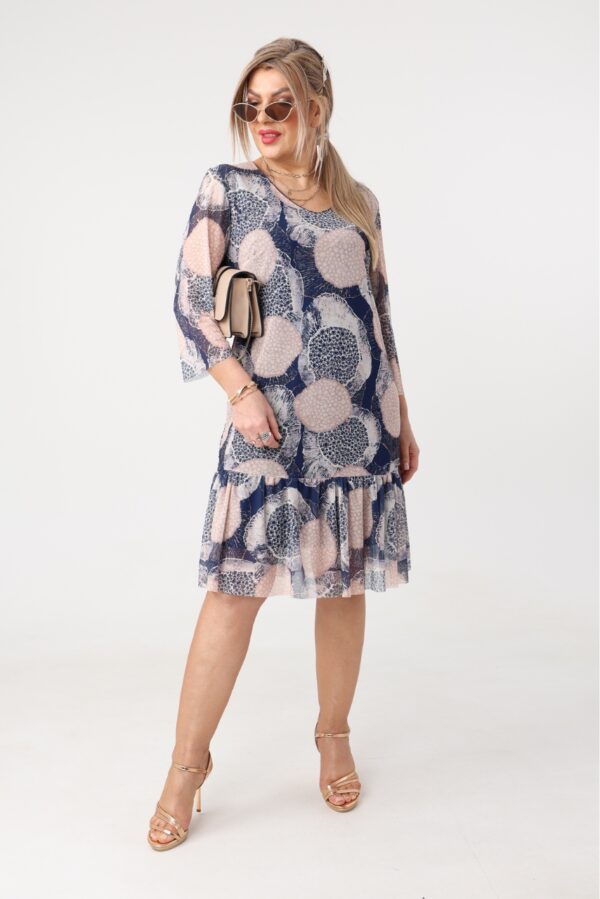 Granatowo-beżowa prosta sukienka z falbaną na dole