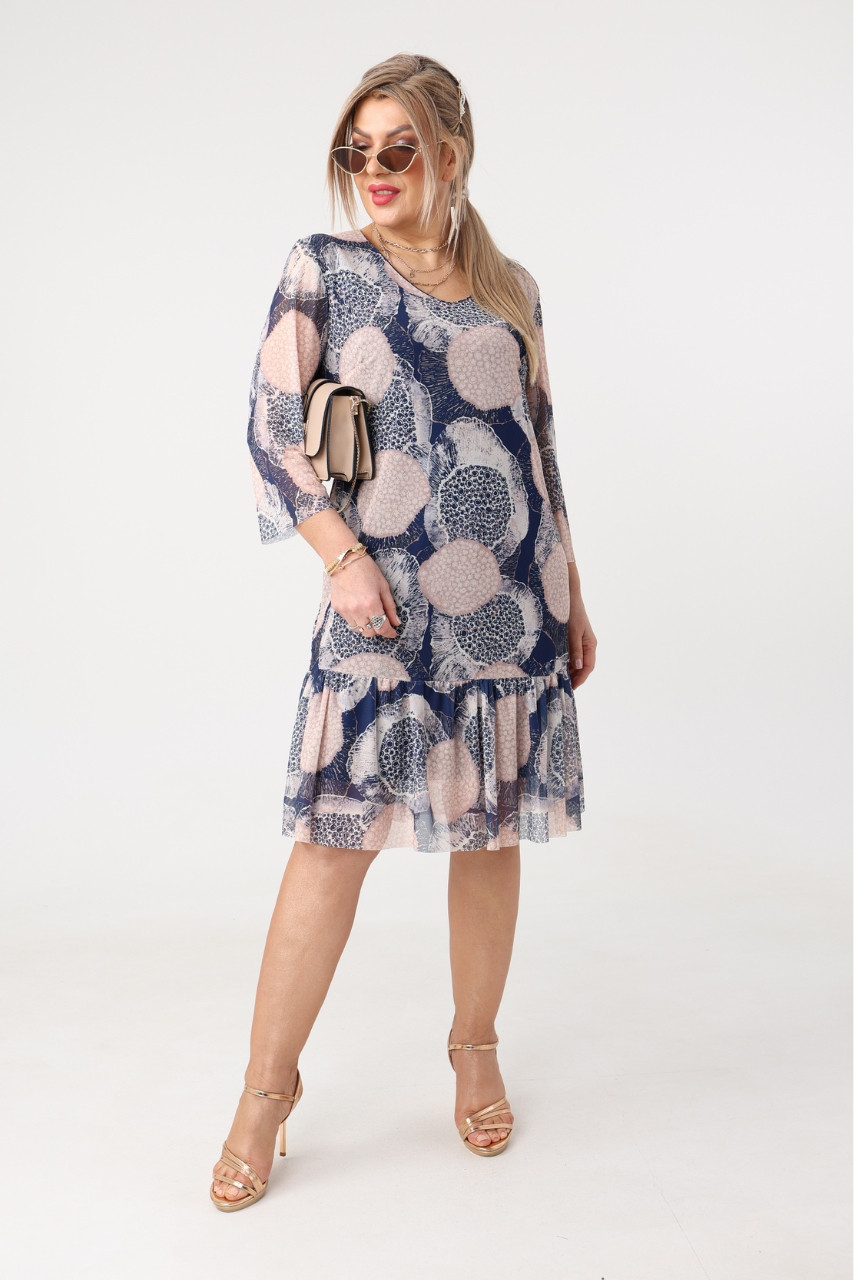 Granatowo-beżowa prosta sukienka z falbaną na dole