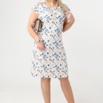 Sukienka elegancka biała wizytowa beżowo-niebieska