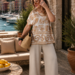 Beżowo-kremowa bluzka z krótkim rękawem plus size we wzory 44-50