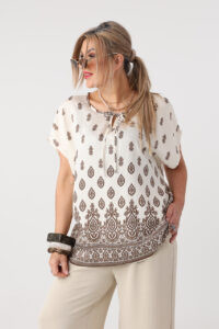 Bluzka letnia plus size w orientalne wzory brązowo-kremowa 44-50