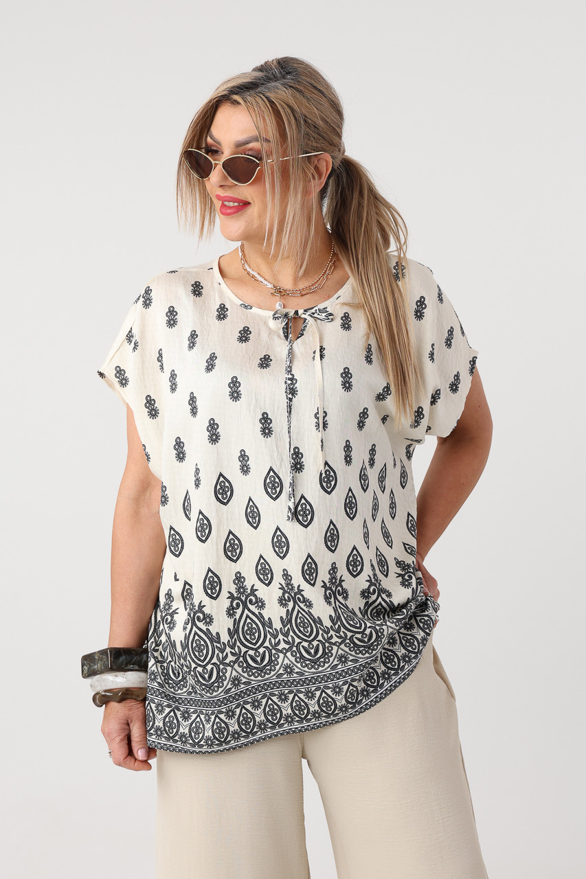 Bluzka letnia plus size w orientalne wzory czarno-kremowa 44-50