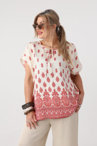 Bluzka letnia plus size w orientalne wzory czerwono-kremowa 44-50