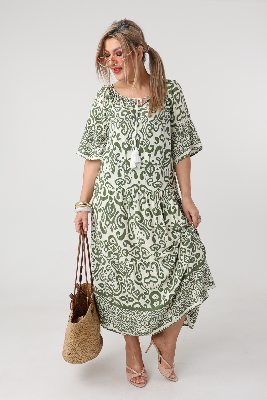 Boho sukienka letnia maxi plus size zielono-biała 44-50