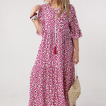 Długa zwiewna sukienka plus size na lato w ornamenty różowo-biała 44-50