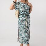 Elastyczna sukienka dzianinowa plus size zielono-beżowa (4)