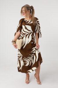 Letnia sukienka hiszpanka plus size maxi brązowo-kremowa 42-52