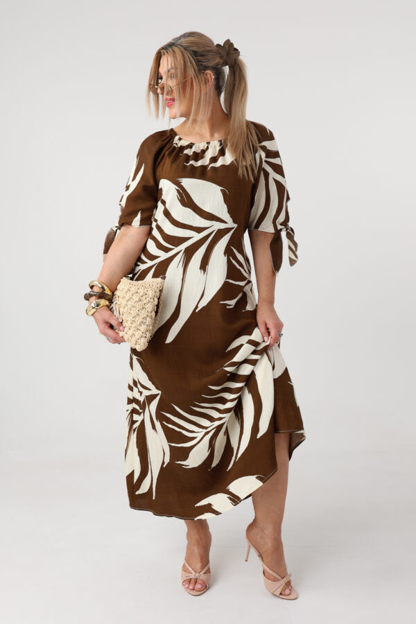 Letnia sukienka hiszpanka plus size maxi brązowo-kremowa 42-52