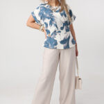 Wiskozowy komplet damski plus size kremowo-niebieski 44-52