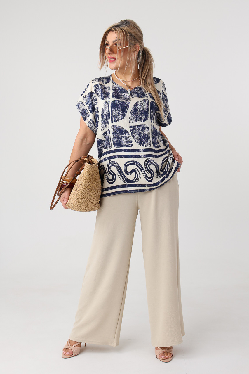 Granatowo-kremowa bluzka z krótkim rękawem plus size we wzory 44-50