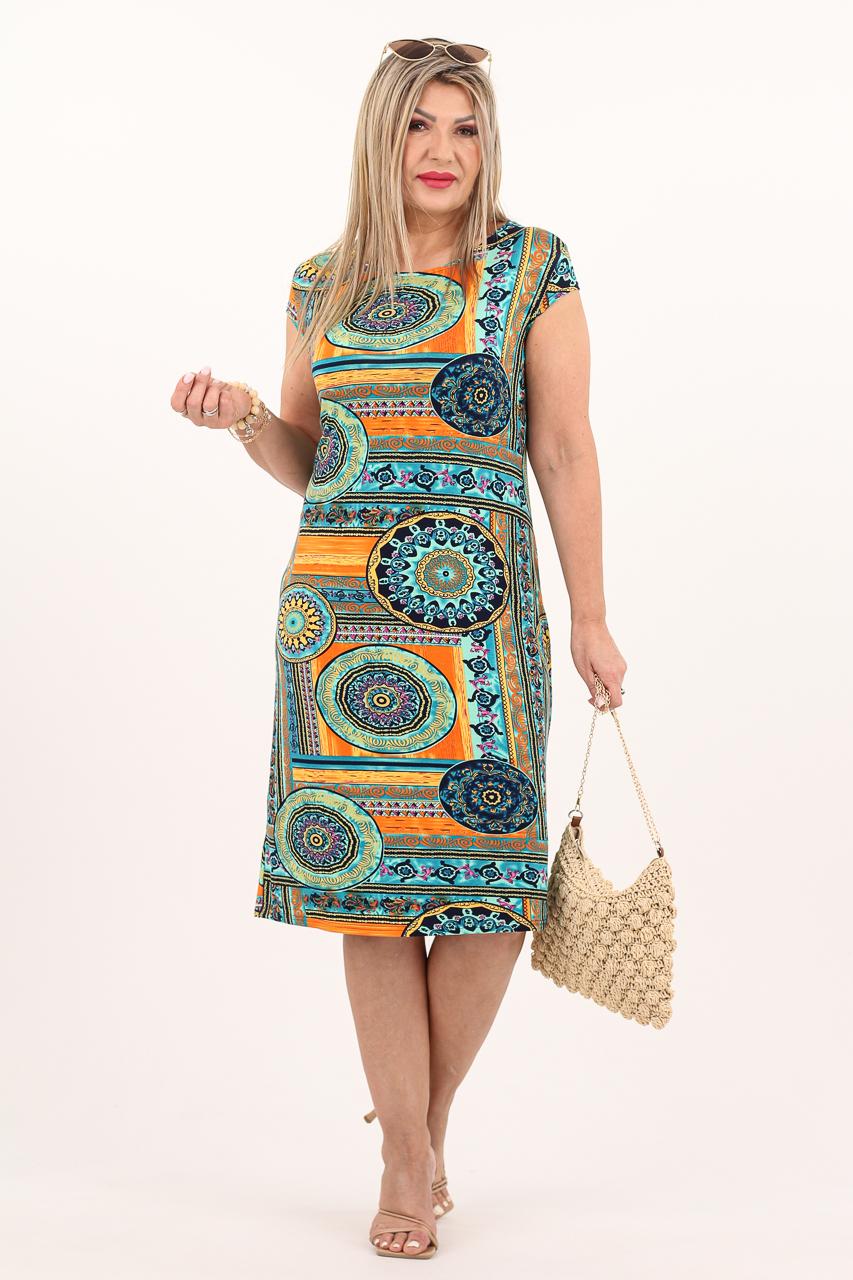 Prosta sukienka letnia midi plus size kolorowa w rozety