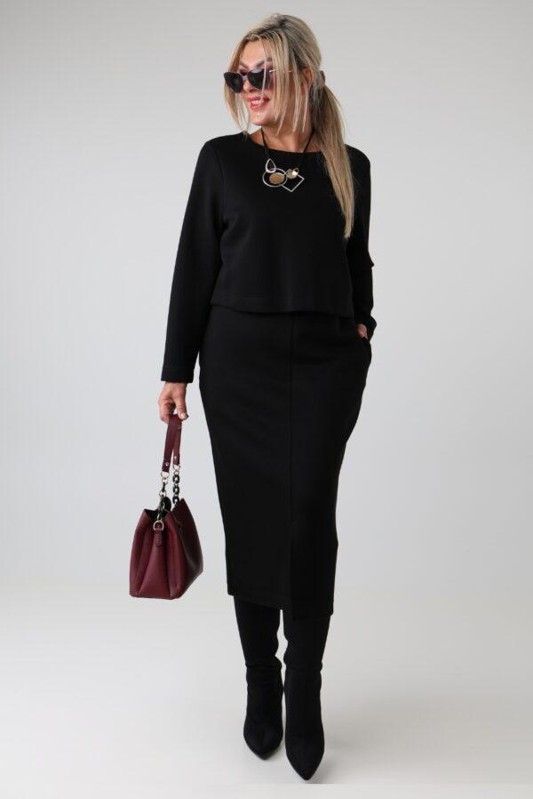 Długa elegancka sukienka damska plus size z imitacją bluzki i długim rękawem – sukienka XXL dla puszystych 44-50