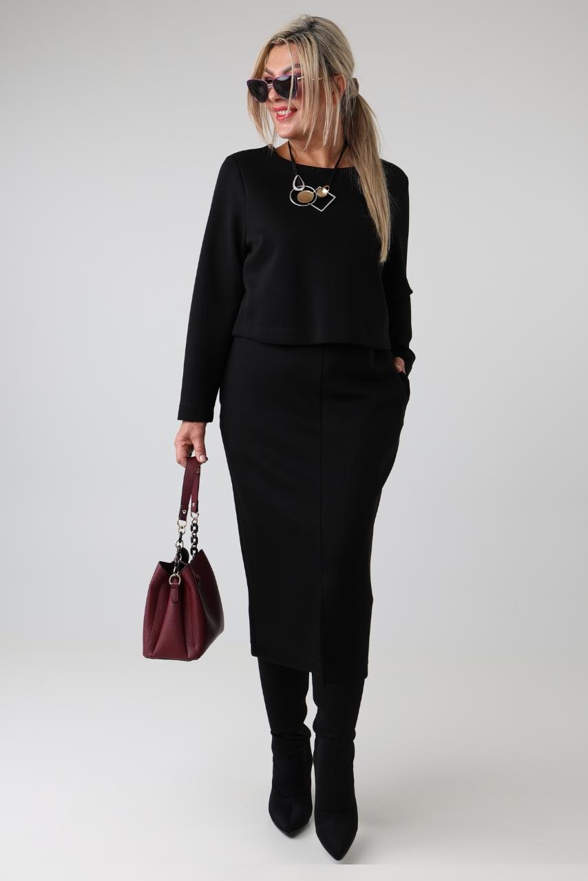Długa elegancka sukienka damska plus size z imitacją bluzki i długim rękawem – sukienka XXL dla puszystych 44-50