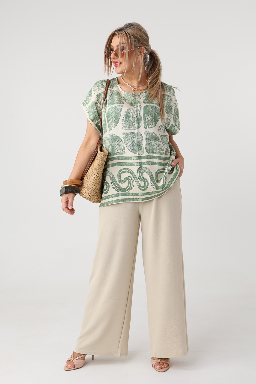 Zielono-kremowa bluzka z krótkim rękawem plus size we wzory 44-50
