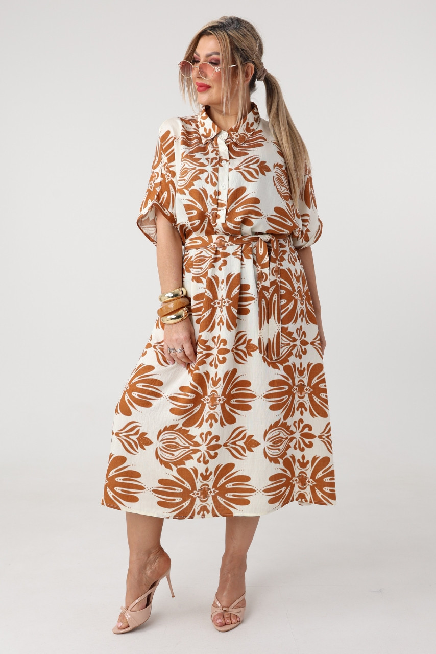 Brązowo-kremowa sukienka plus size letnia w modne wzory 46-52
