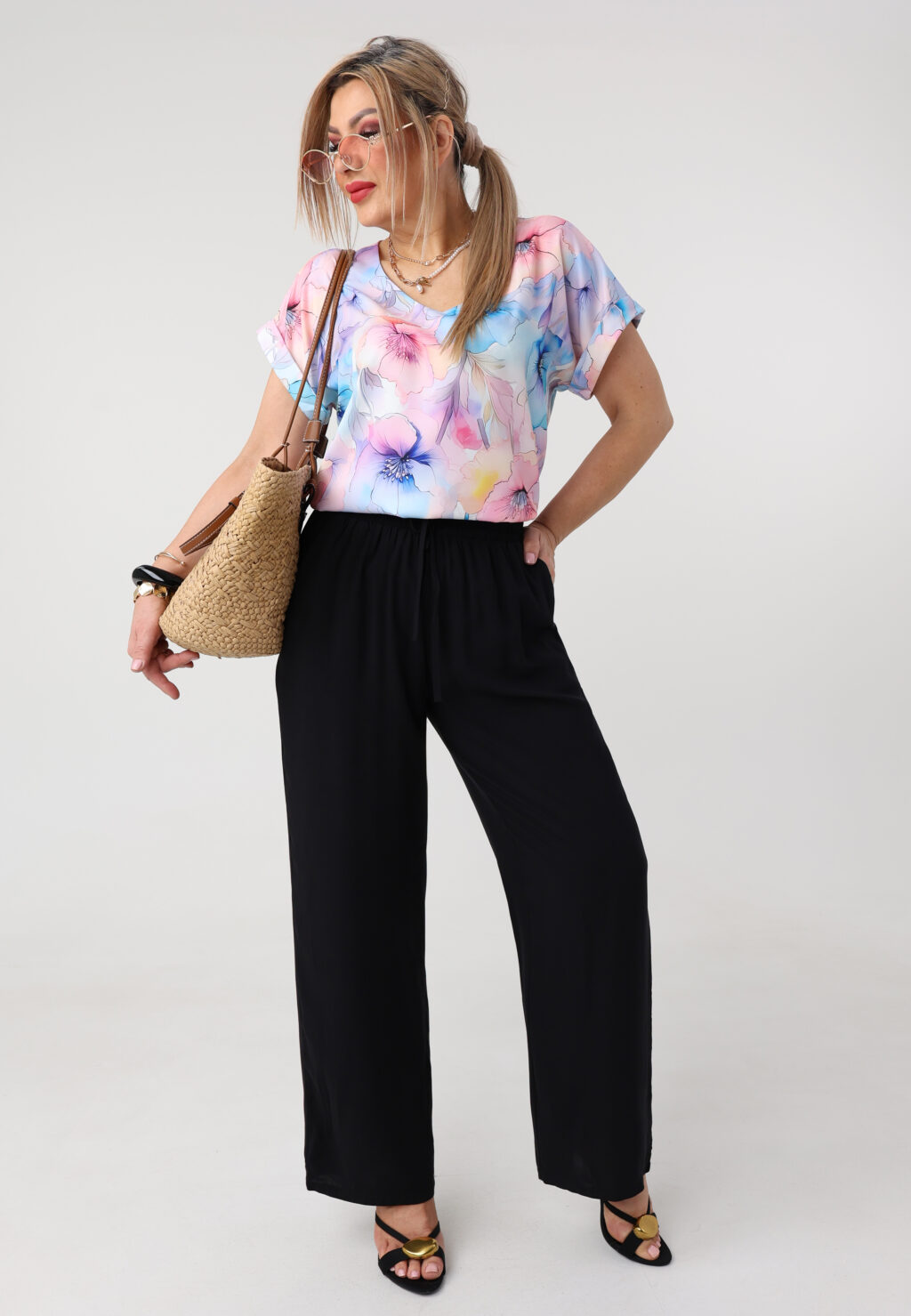 Cienkie spodnie damskie plus size na lato czarne 44-52