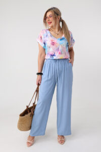 Cienkie spodnie damskie plus size na lato niebieskie 44-52