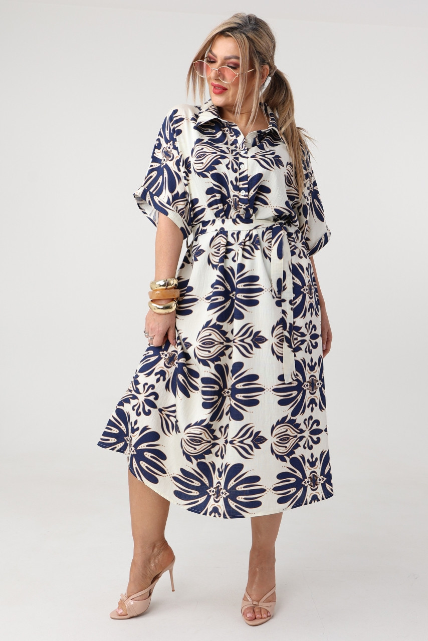Granatowo-kremowa sukienka plus size letnia w modne wzory 46-52