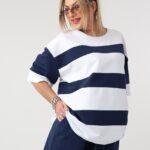 Granatowy komplet dresowy damski plus size spodnie i bluzka w paski (6)