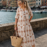 Luźna sukienka letnia plus size kremowo-brązowa