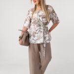 Wiskozowy komplet damski na lato plus size brązowo-biały 44-52