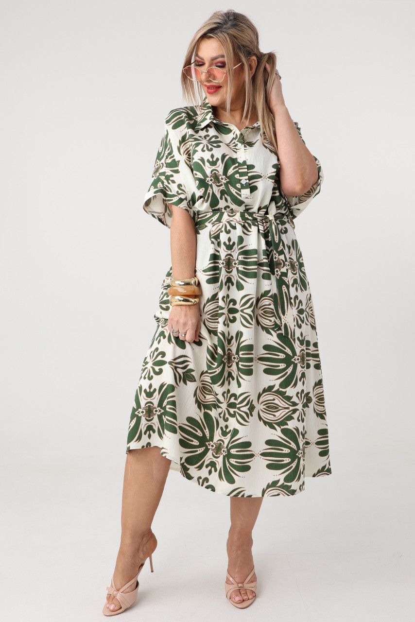 Zielono-kremowa sukienka plus size letnia w modne wzory 46-52