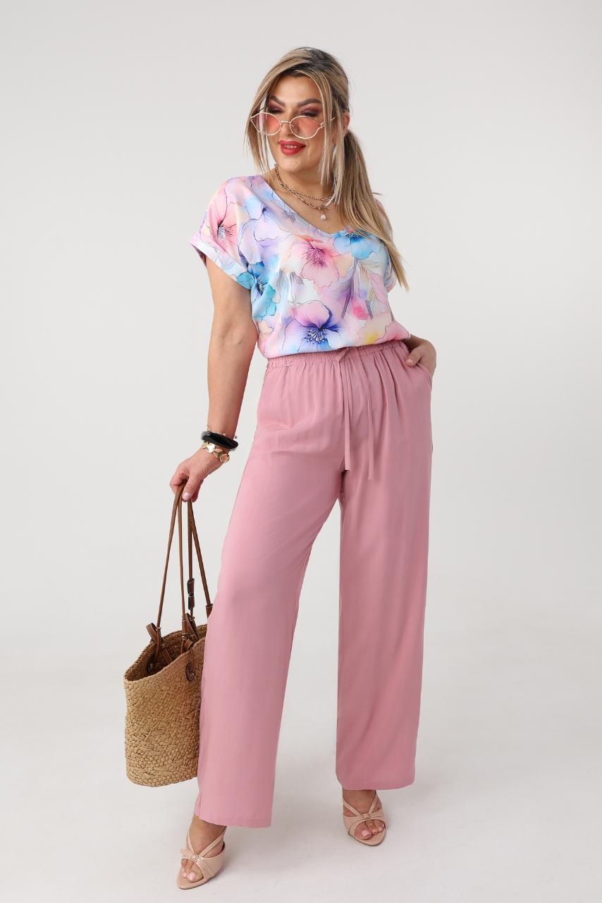 Cienkie spodnie damskie plus size na lato różowe 44-52