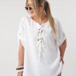Luźna bluzka letnia plus size a'la lniana – asymetryczna bluzka damska XXL w dużych rozmiarach dla puszystych kobiet