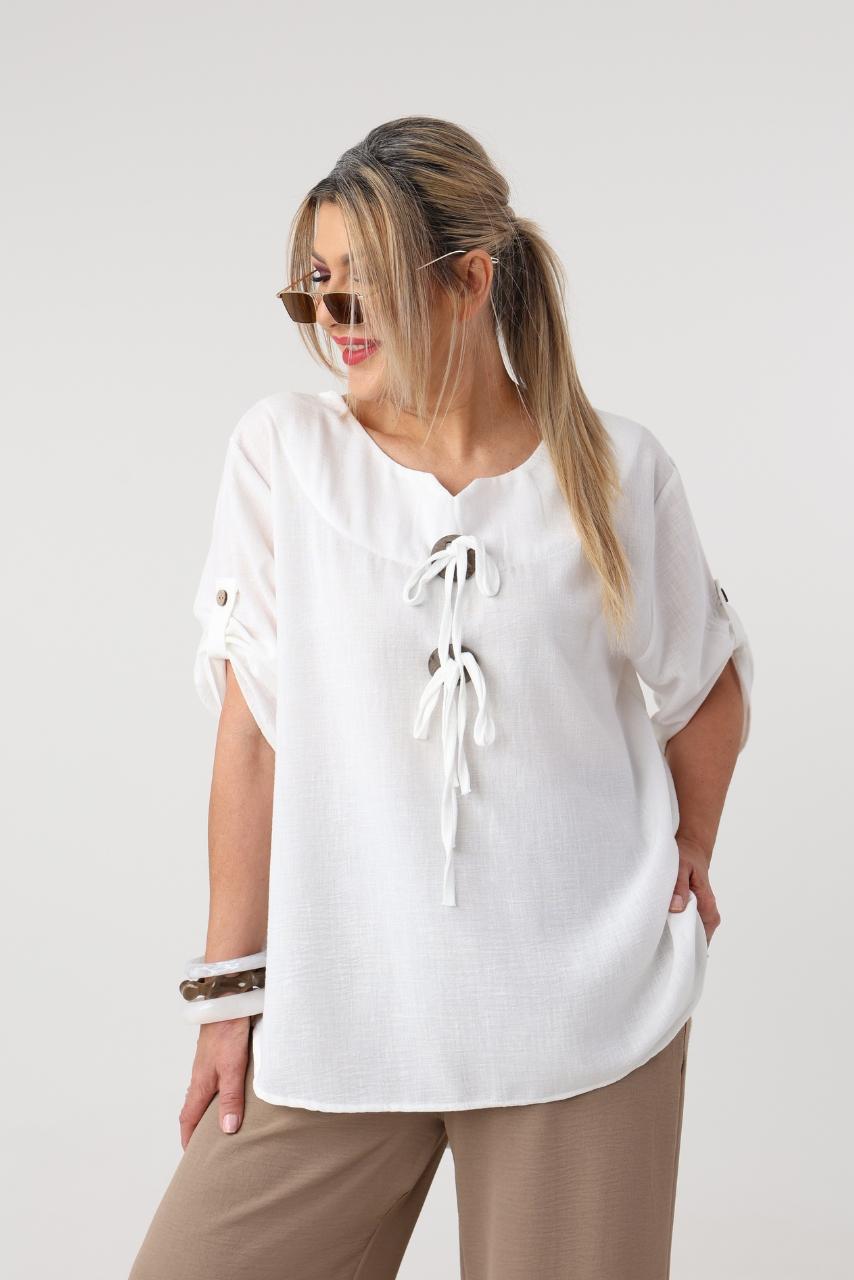 Luźna bluzka letnia plus size a'la lniana – asymetryczna bluzka damska XXL w dużych rozmiarach dla puszystych kobiet