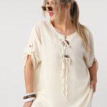 Luźna bluzka letnia plus size a'la lniana – asymetryczna bluzka damska XXL w dużych rozmiarach dla puszystych kobiet