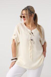 Luźna bluzka letnia plus size a'la lniana – asymetryczna bluzka damska XXL w dużych rozmiarach dla puszystych kobiet