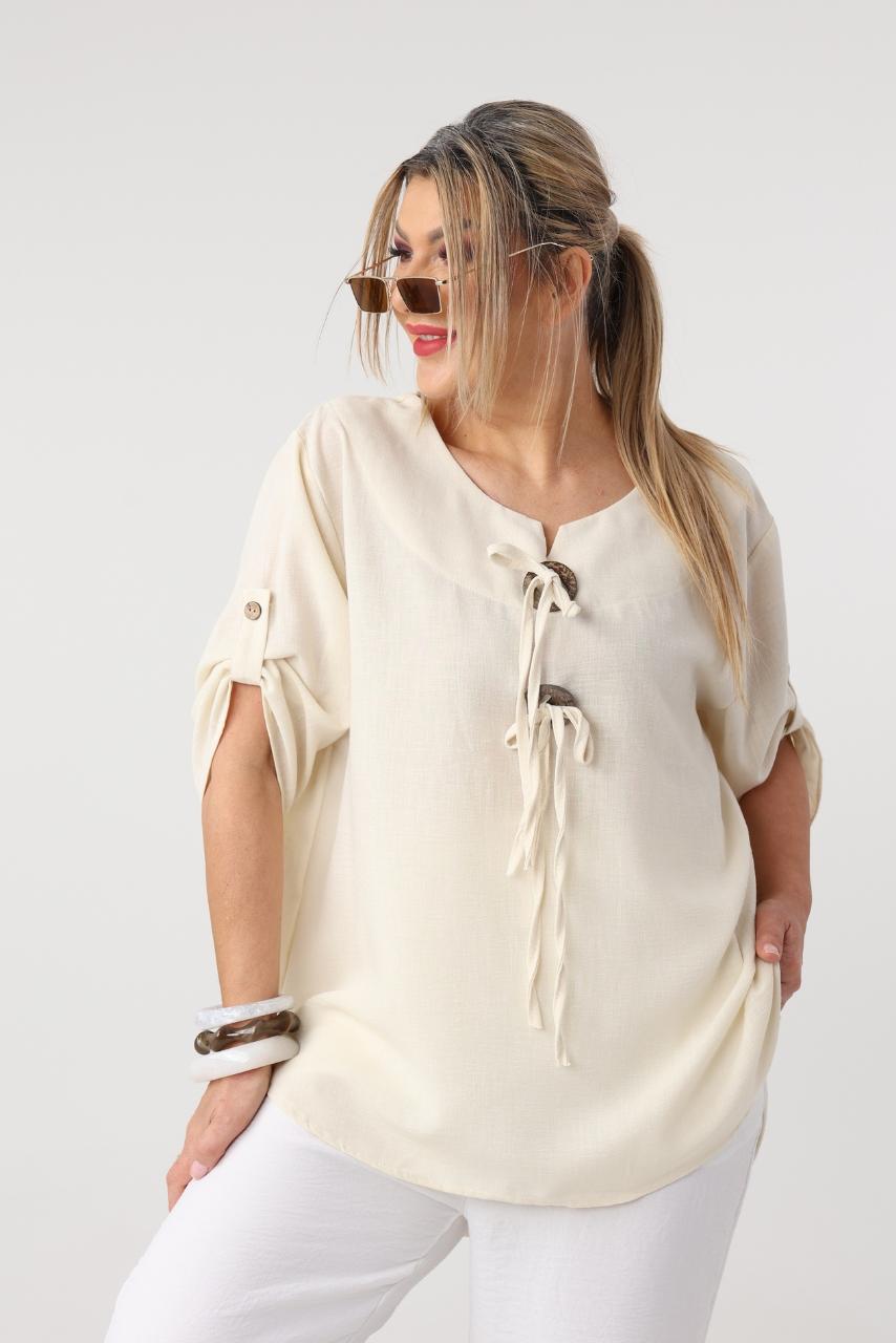 Luźna bluzka letnia plus size a'la lniana – asymetryczna bluzka damska XXL w dużych rozmiarach dla puszystych kobiet