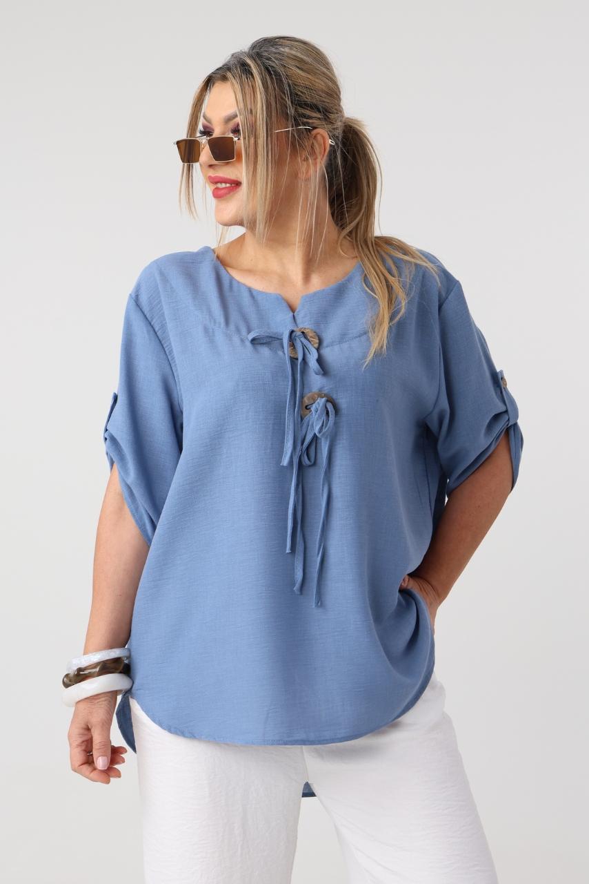 Luźna bluzka letnia plus size a'la lniana – asymetryczna bluzka damska XXL w dużych rozmiarach dla puszystych kobiet