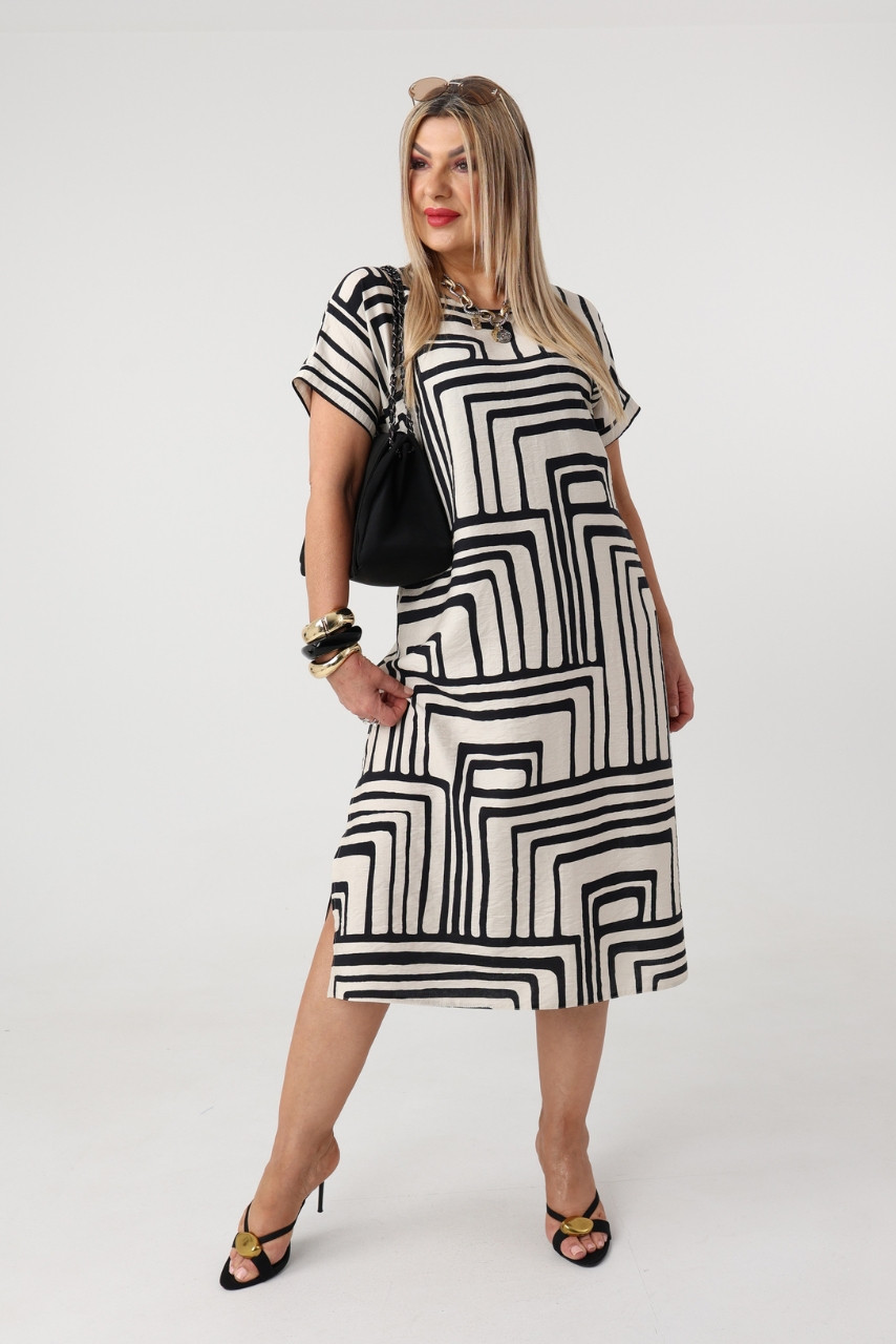 Luźna sukienka plus size z kieszeniami kremowo-czarna 42-50