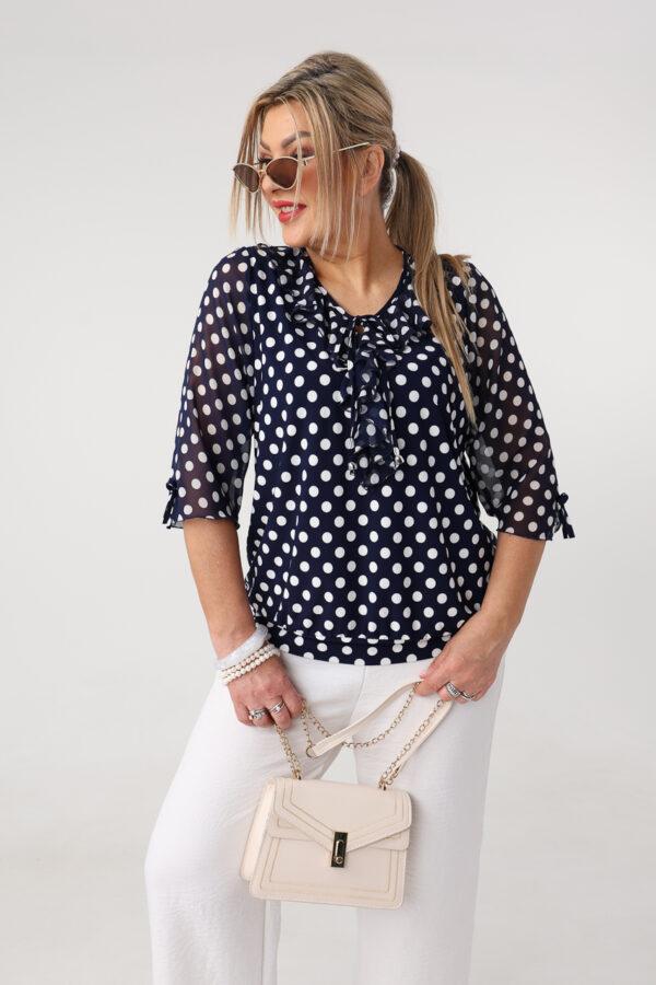 Bluzka z żabotem plus size granatowa w grochy 42-50