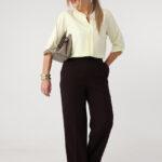Eleganckie spodnie materiałowe plus size w kant ciemny brąz 44-54
