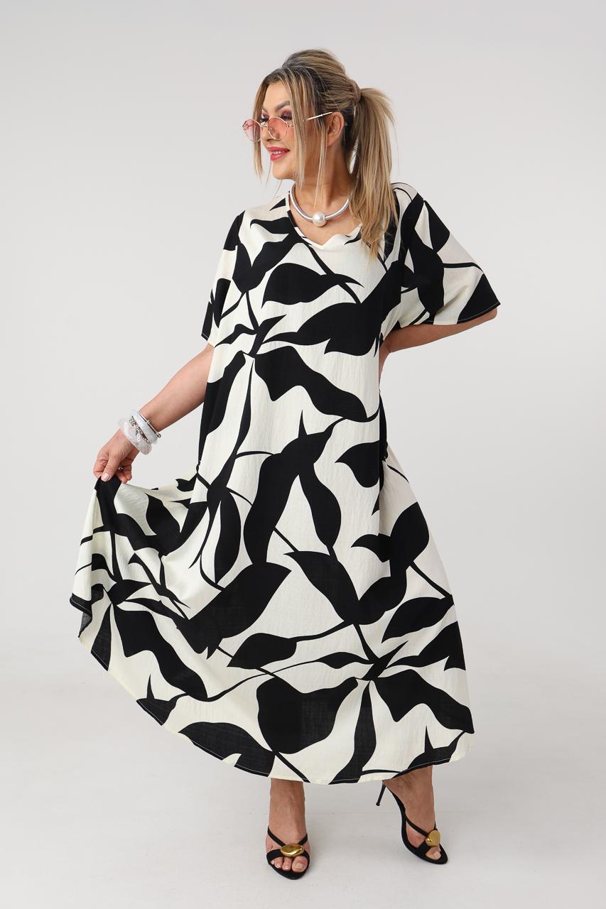 Luźna sukienka na lato plus size maxi czarno-biała 48-54