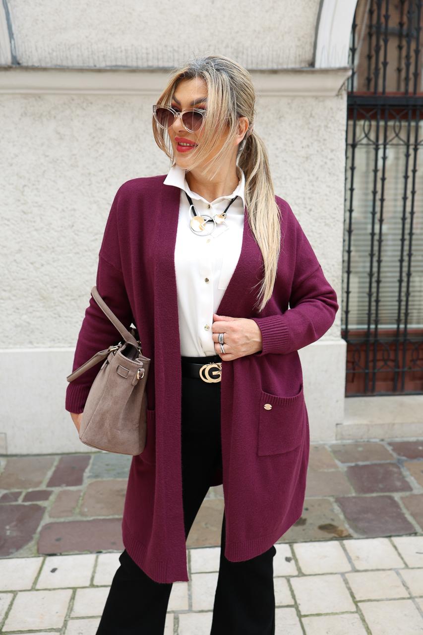 Sweter na guziki rozpinany PLUS SIZE śliwkowy 44-50
