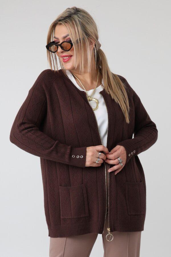 Elegancki rozpinany sweter damski plus size w geometryczny wzór – kardigan XXL dla puszystych kobiet