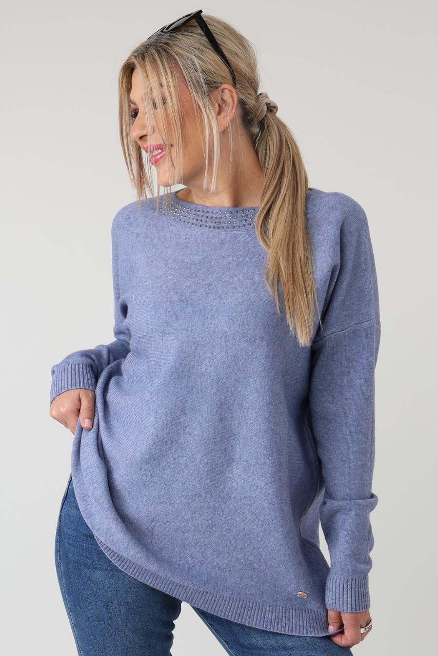 elegancki sweter damski plus size z dżetami na dekolcie – sweter XXL dla puszystych kobiet
