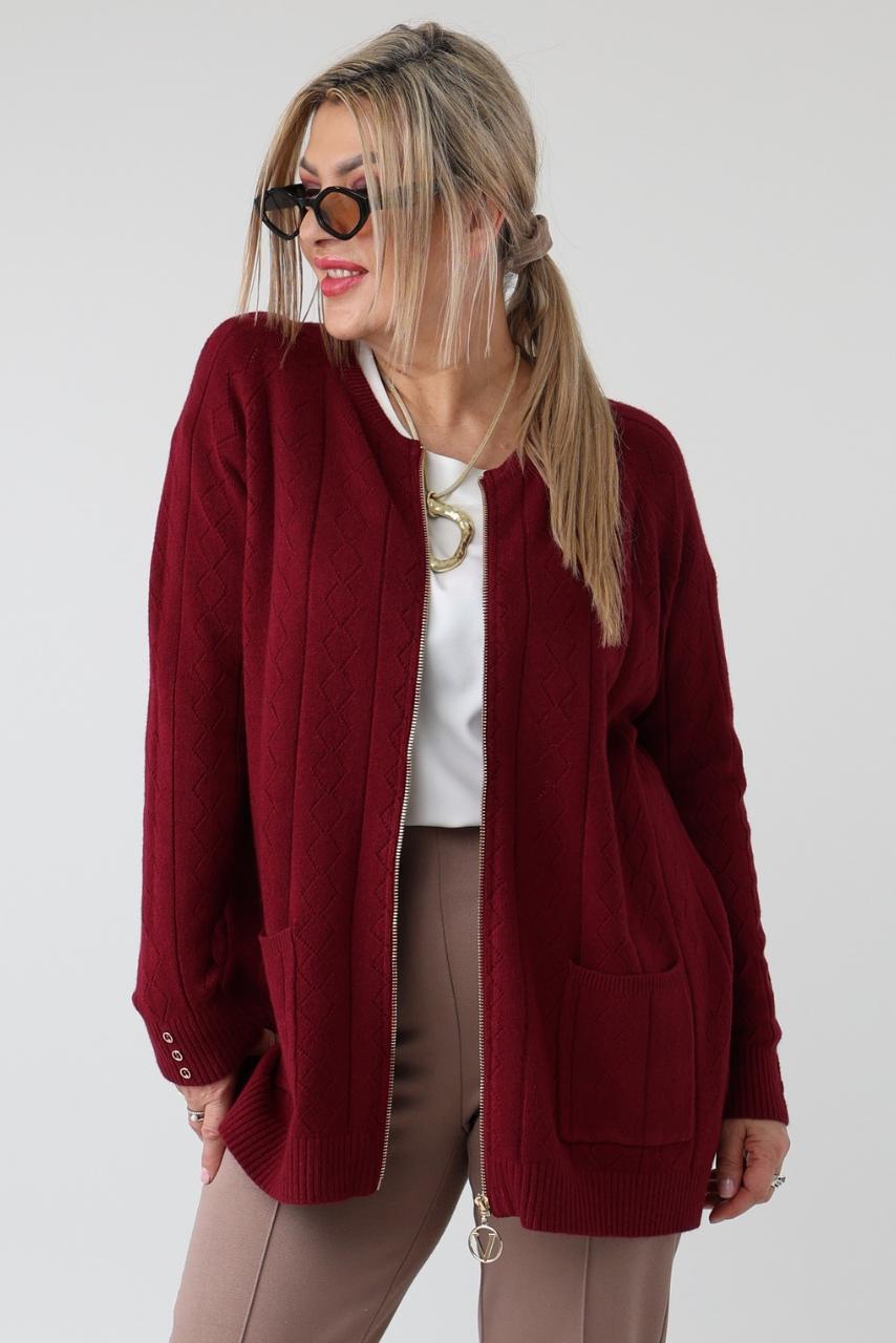 Elegancki sweter damski rozpinany plus size kardigan bordowy 46-52