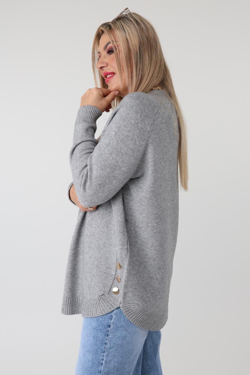 Sweter damski elegancki plus size z ozdobnymi guzikami na bokach szary 44-50