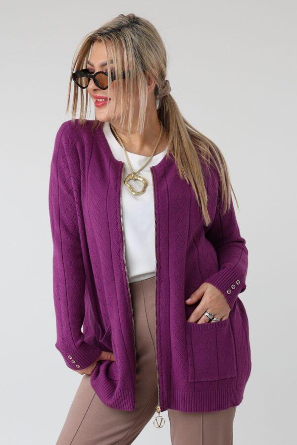 Elegancki rozpinany sweter damski plus size w geometryczny wzór – kardigan XXL dla puszystych kobiet