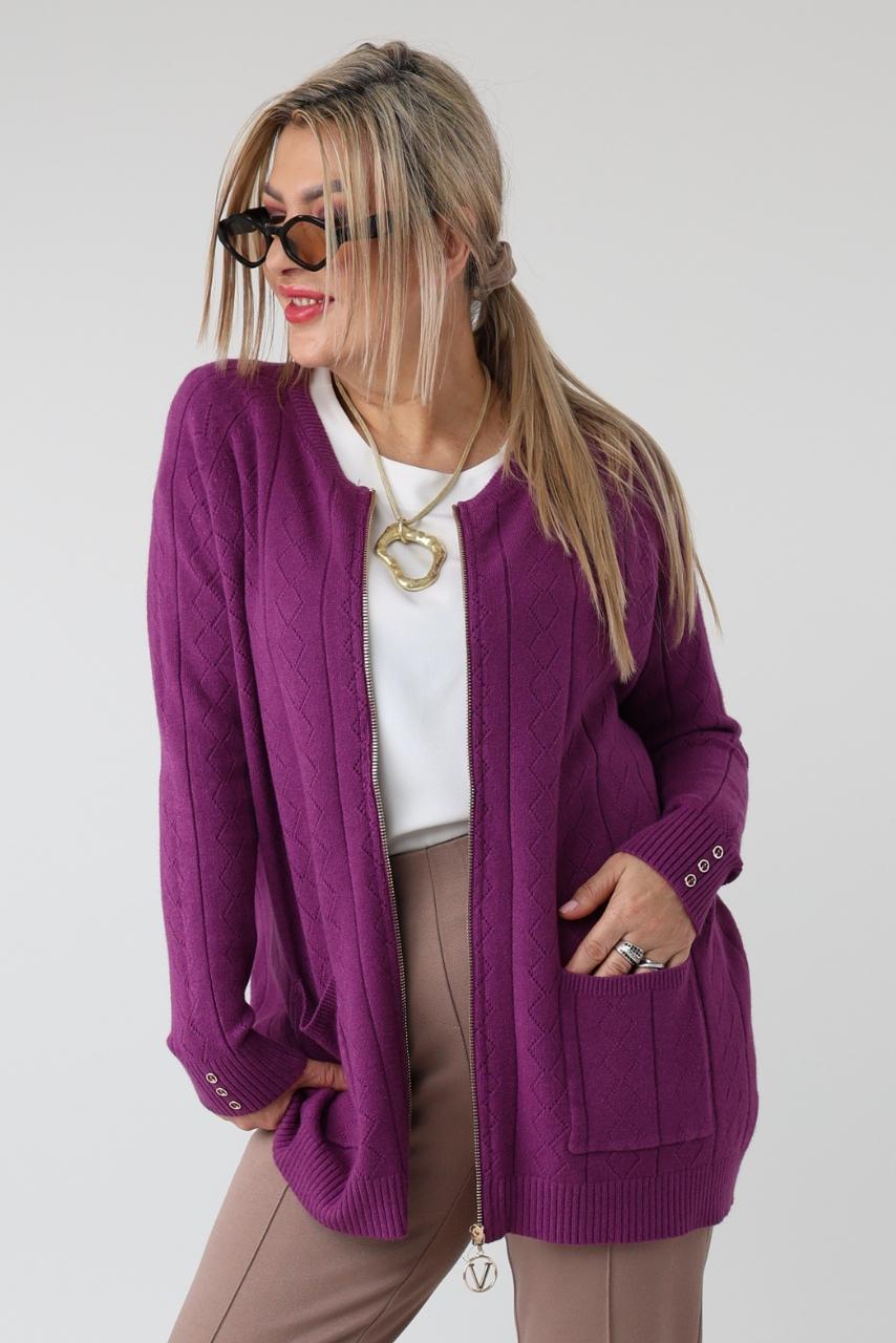 Elegancki rozpinany sweter damski plus size w geometryczny wzór – kardigan XXL dla puszystych kobiet