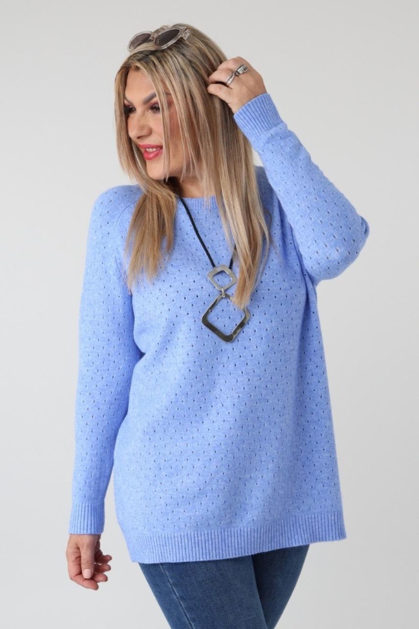 Elegancki sweter damski plus size ażurowy błękitny 46-52